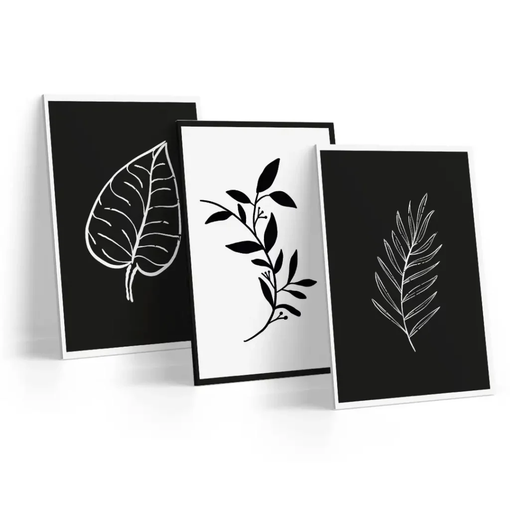 Conjunto 3 Quadros Folhas Preto e Branco