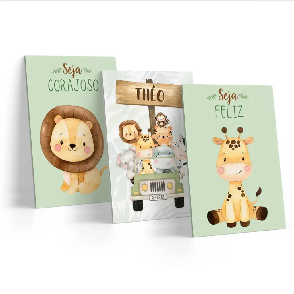 Trio de Quadros Safari Personalizado: Impressões vibrantes da vida selvagem para transformar seu espaço em uma experiência inspiradora. Decore com estilo!