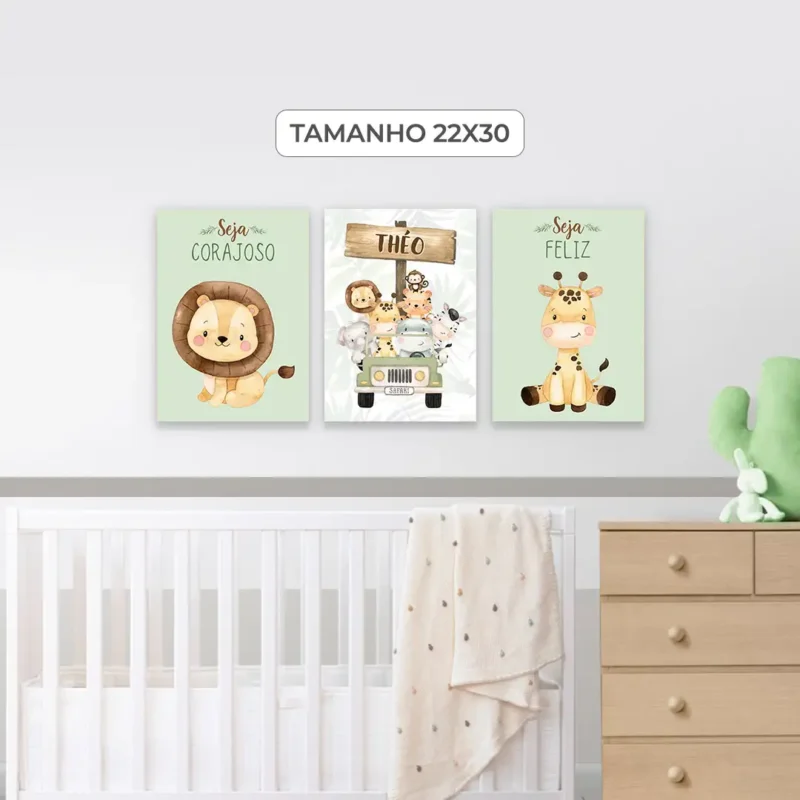 Trio de Quadros Safari Personalizado: Impressões vibrantes da vida selvagem para transformar seu espaço em uma experiência inspiradora. Decore com estilo!