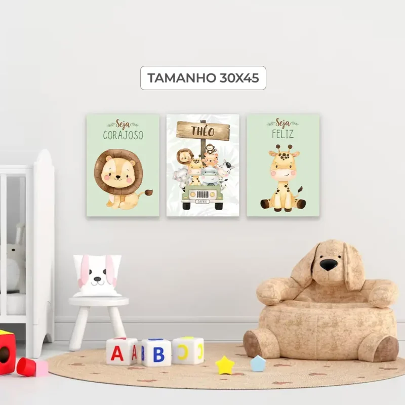 Trio de Quadros Safari Personalizado: Impressões vibrantes da vida selvagem para transformar seu espaço em uma experiência inspiradora. Decore com estilo!