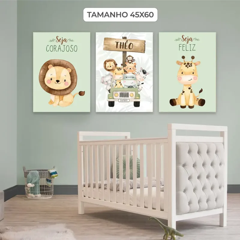 Trio de Quadros Safari Personalizado: Impressões vibrantes da vida selvagem para transformar seu espaço em uma experiência inspiradora. Decore com estilo!