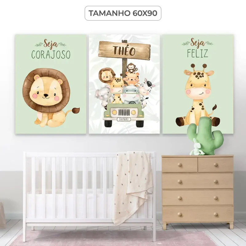 Trio de Quadros Safari Personalizado: Impressões vibrantes da vida selvagem para transformar seu espaço em uma experiência inspiradora. Decore com estilo!